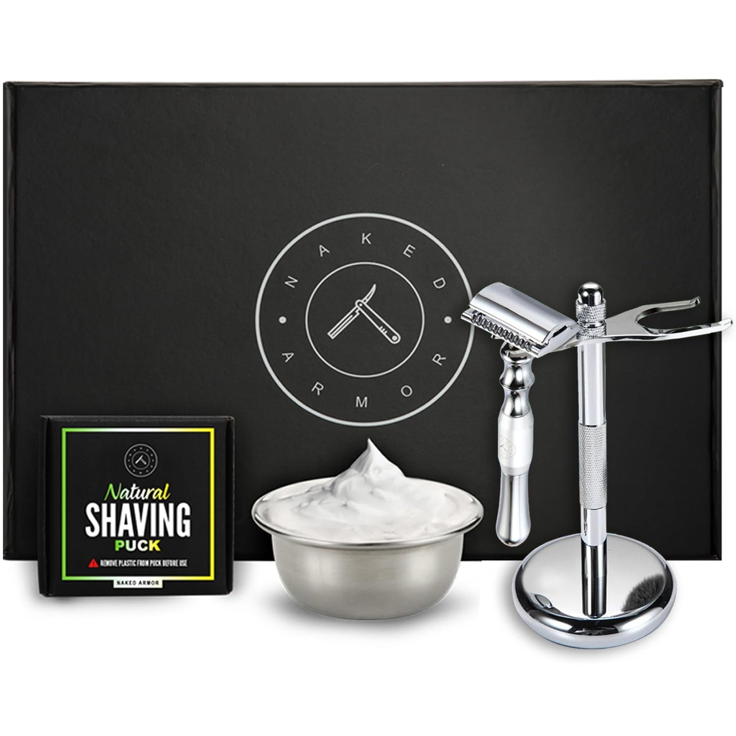 Naked Armor Safety Razor Stand Kit – Safety Razor, Razor and Brush Stand, Stainless Steel Shaving Bowl, Organic Shaving Soap Puck and 5-Blade Pack, Complete Wet Shaving Kit for Men for Smooth, Comfortable Shaves