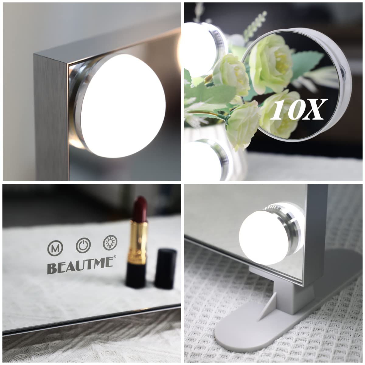 BEAUTME Vanity Mirror with Lights,Dressing Tabletop Vanity Mirror with Led Lights Beauty Mirror, Comes with a Tenfold Magnifying Glass, Intelligent Touch Desktop/Wall Mounted Makeup Mirror