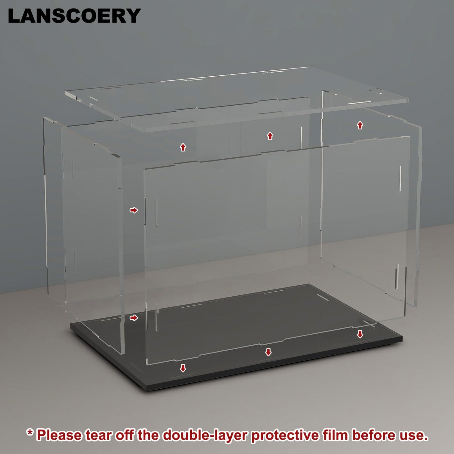 LANSCOERY Acrylic Display Case, 11x5.5x5.5 in, Upgraded Thickened UV-Resistant Showcase, 98% Clarity Dustproof Box with Glossy Black Base for Action Figures, LEGO & Models, Scraper & LED Light
