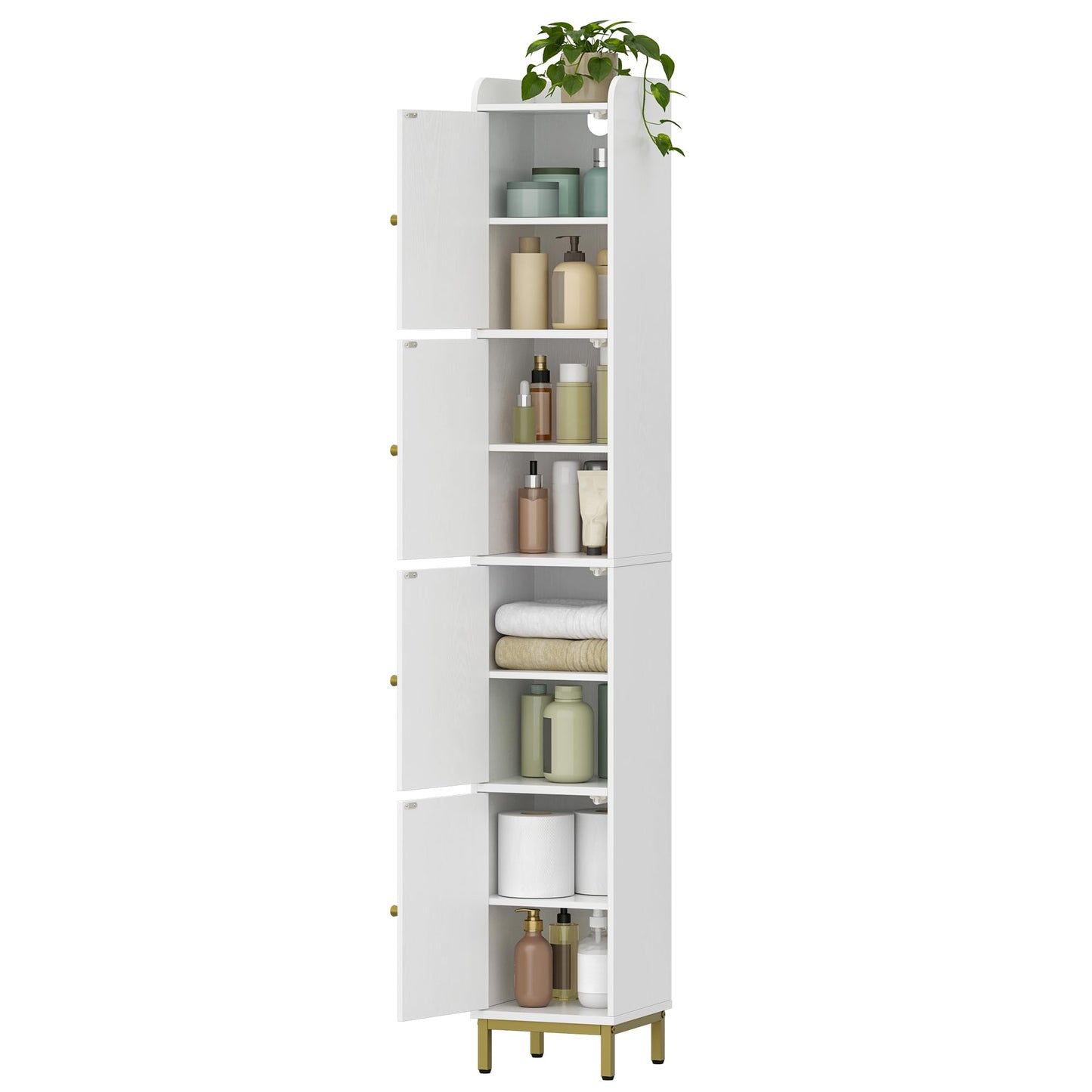 Hzuaneri 4-Tier Narrow Tall Storage Cabinet, Slim Bathroom Storage Cabinet with 4 Adjustable Feet and Shelves, Bathroom Organization for Small Space, Kitchen, Living Room, Laundry Room White BC43313G