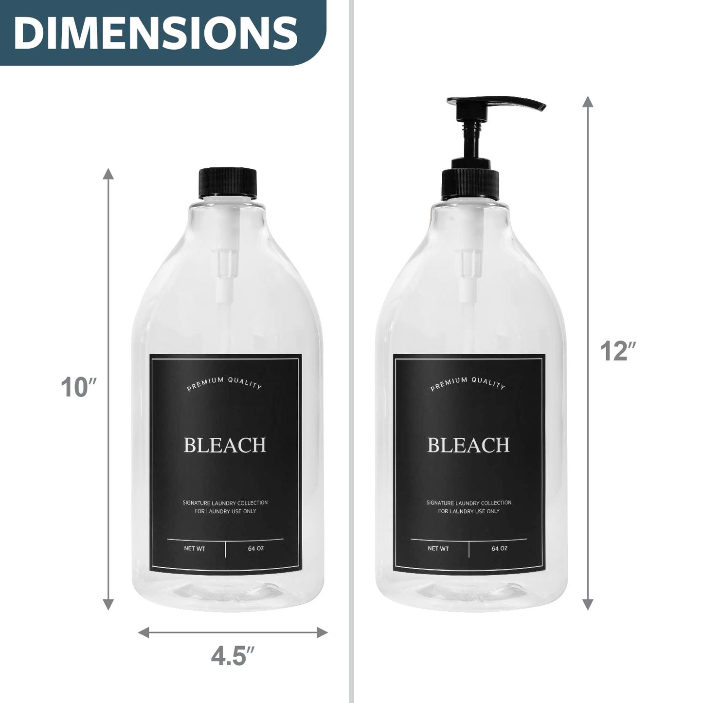 Calindiana Modern Farmhouse Bleach Liquid Laundry Detergent Dispenser for Laundry Room Decor and Organization, PET Plastic Landry Soap Containers with Water Resistant Label, Clear 64oz