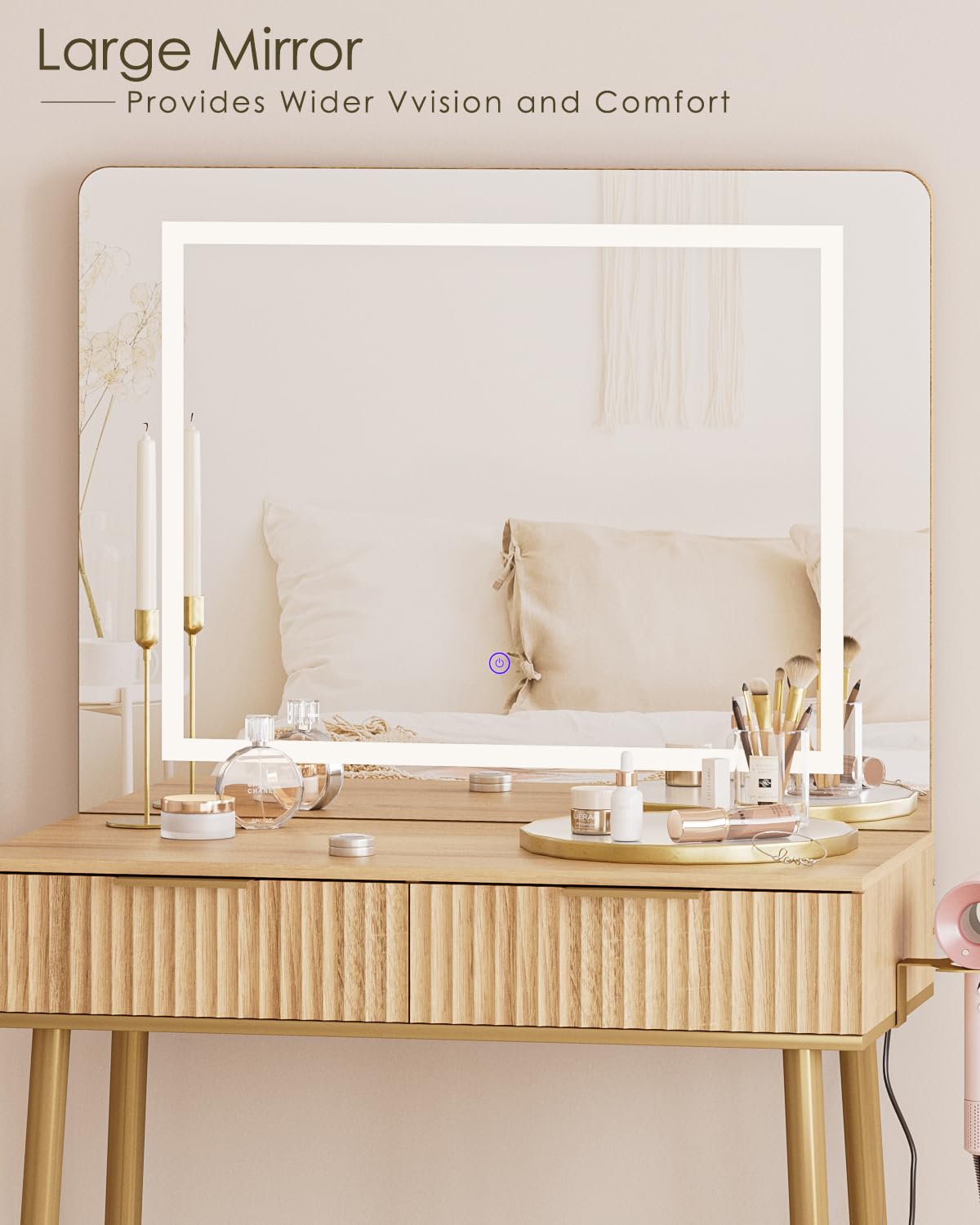 Apetaccat Vanity Desk with Large Mirror and Lights, Small Makeup Vanity Table with 2 Drawers, Dressing Table with 3 Adjustable Lighting Color, Small Makeup Desk for Bedroom, Natural with Gold Leg