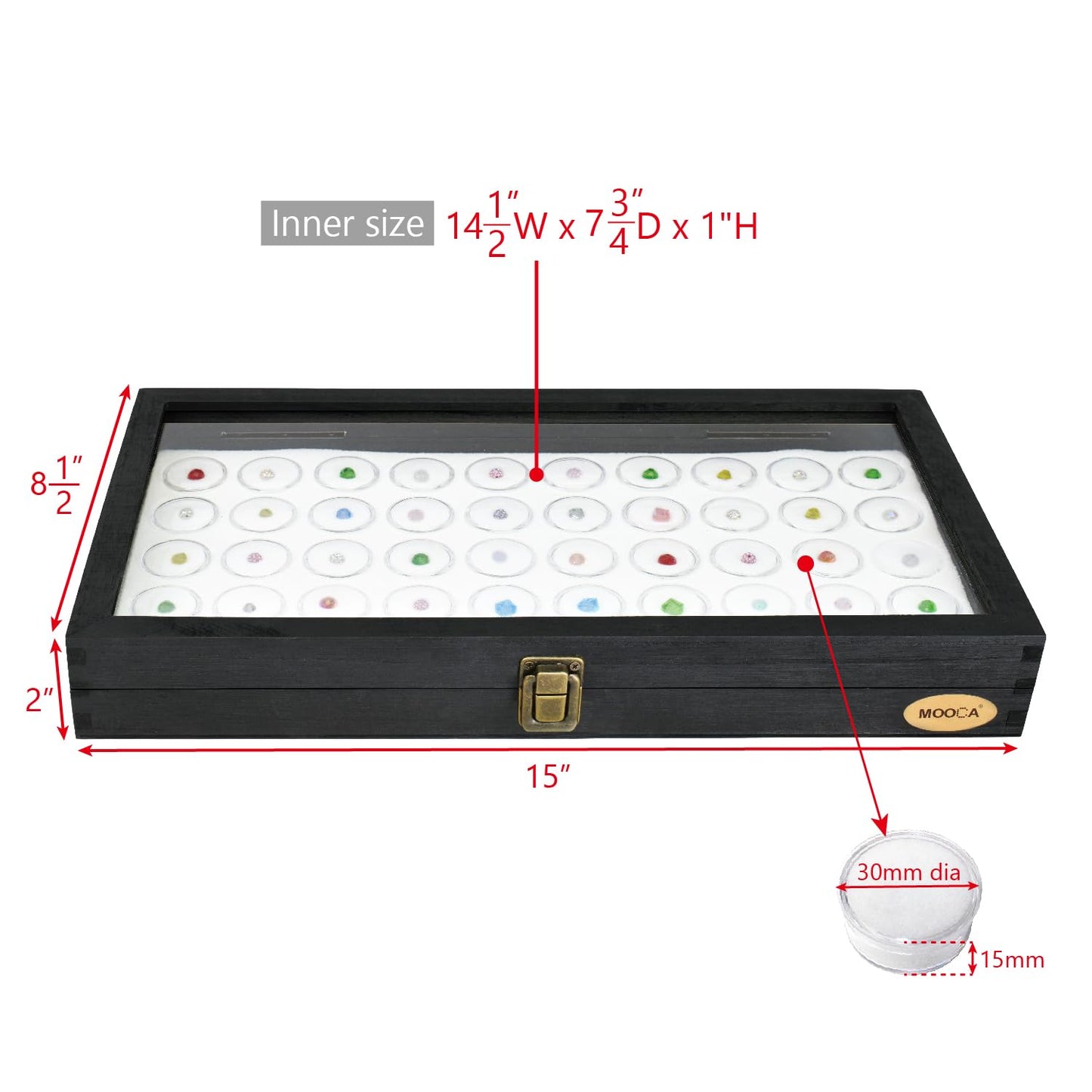 MOOCA Glass Top Black Jewelry Display Case 50 Gem Jars, Ring Box, Jewelry Organizer, Gem jar storage, Glass Display Box, Ring storage White Tray with Gem Jar