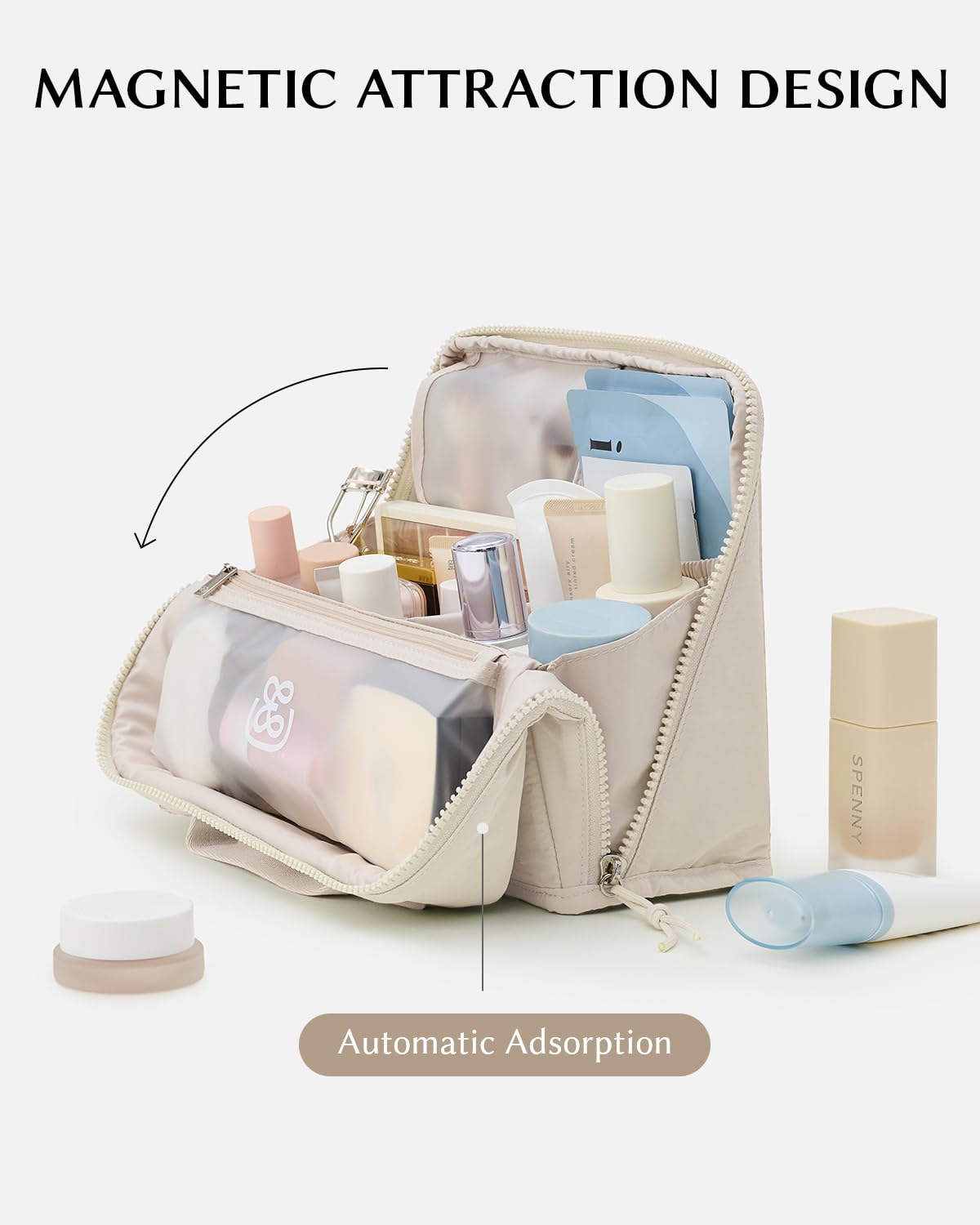 EACHY Standing Makeup Bag - Large Waterproof Cosmetic Bag & Toiletry Bag Organizer with Phone Holder, Detachable Dividers, Wipe-Clean Brush Pouch for Women