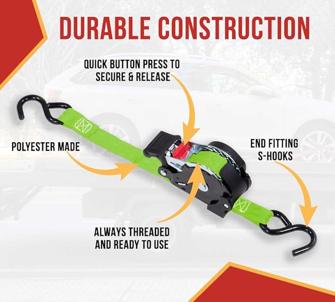Mytee Products 20 Pack Retractable Ratchet Tie Down Straps w/S Hook - 1,500lb Break Strength Self Retracting Ratchet Straps for Haul Motorcycles, ATVs, Bikes, Trailer Tie-Down