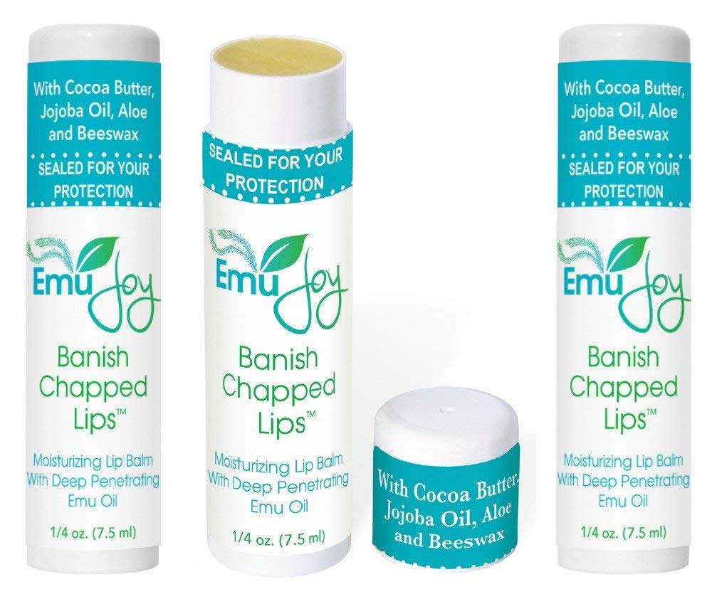 Emu Joy Banish Chapped Lips Moisturizing Lip Balm | Emu Oil, Coconut Oil & Beeswax | Petroleum Free, Paraben Free, Unscented | All Ages | 3 x 0.25 oz