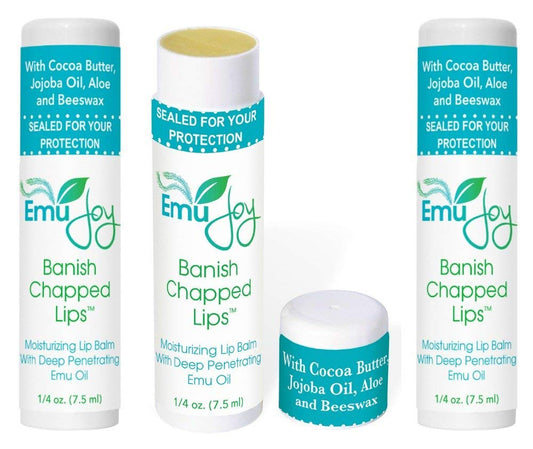 Emu Joy Banish Chapped Lips Moisturizing Lip Balm | Emu Oil, Coconut Oil & Beeswax | Petroleum Free, Paraben Free, Unscented | All Ages | 3 x 0.25 oz