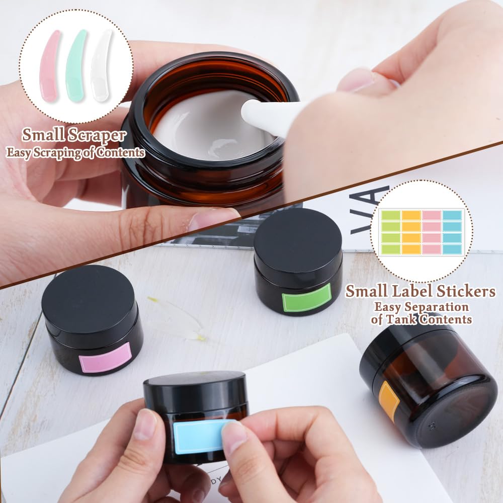 8PCS Amber Glass Jars, 1oz/2oz Cosmetic Containers with Inner Liners and Lids, Empty Round Sample Container with Label, Refillable Travel Jar for Cosmetics, Lotions, Creams