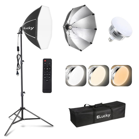 EZLucky 20" Octagonal Softbox Lighting Kit, 85W Dimmable LED Bulb 3000K-6500K, Remote Control Soft Box Light with 25-60" Tripod Stand for Photography, Video Recording, YouTube, Portrait