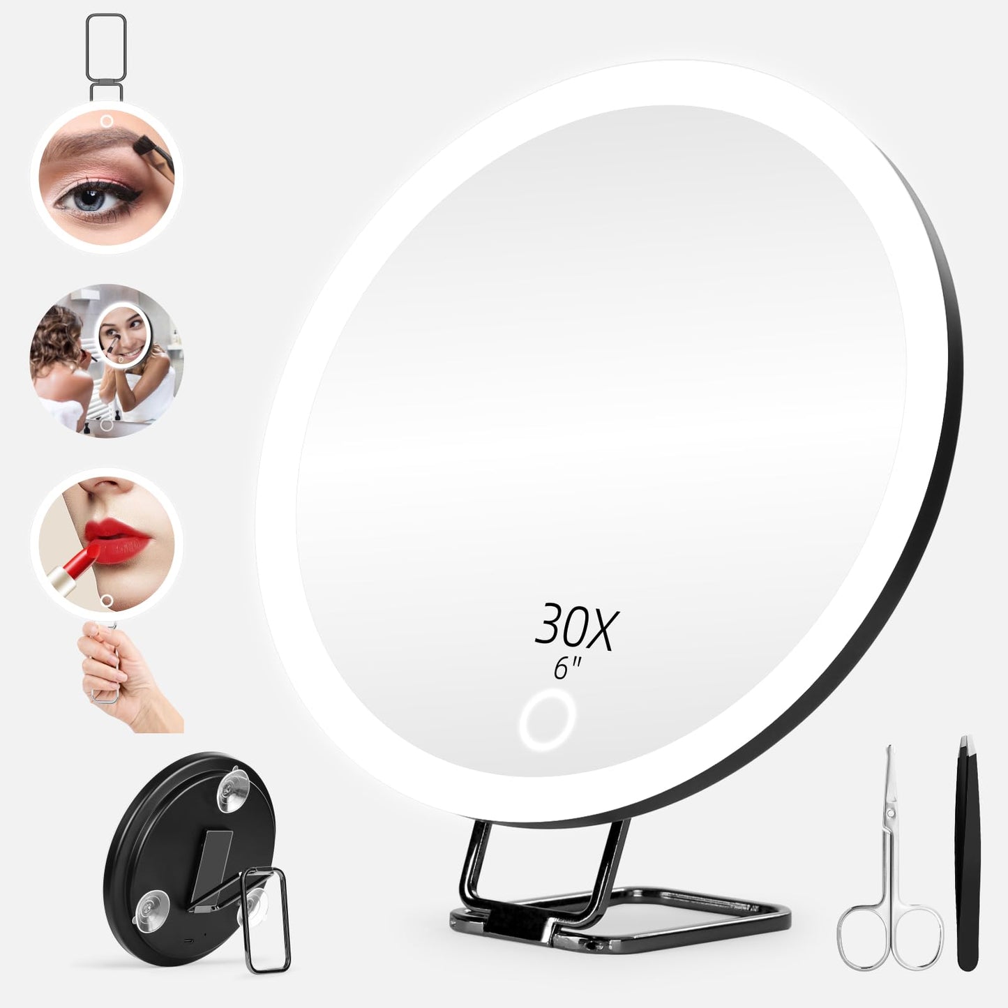 JJhxr 30X Magnifying Mirror with Lights, 6inch Makeup Magnified Mirror 30X Lighted Travel Magnification with 3 Suction Cups and 360° Adjustable Stand- Includes Tweezers & Scissors