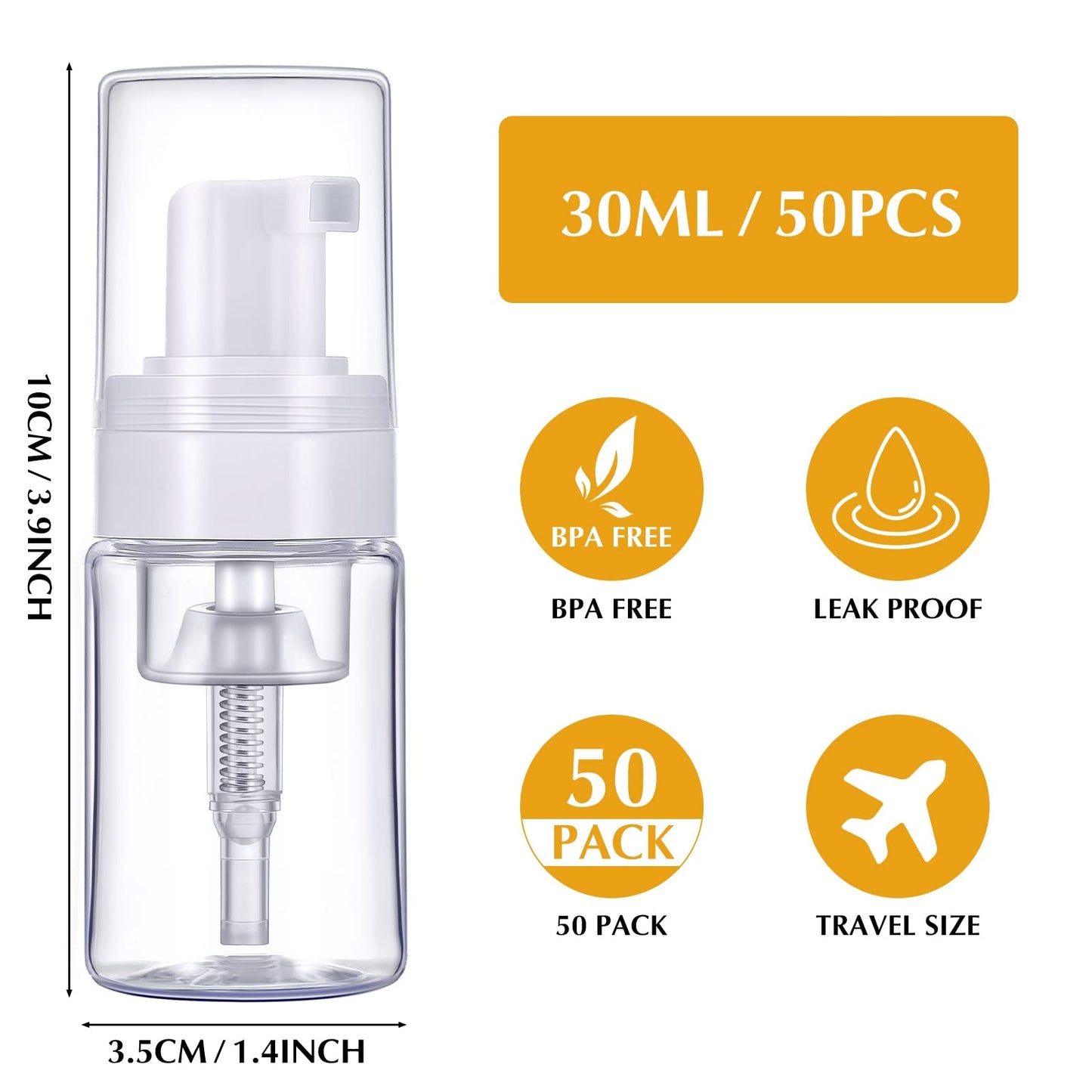50 Pack Foam Pump 1oz/30ml Refillable Dispenser Travel Size Plastic Mini Bottle for Lash Shampoo, Cleaning, Cosmetics - Portable Clear Foaming Packaging