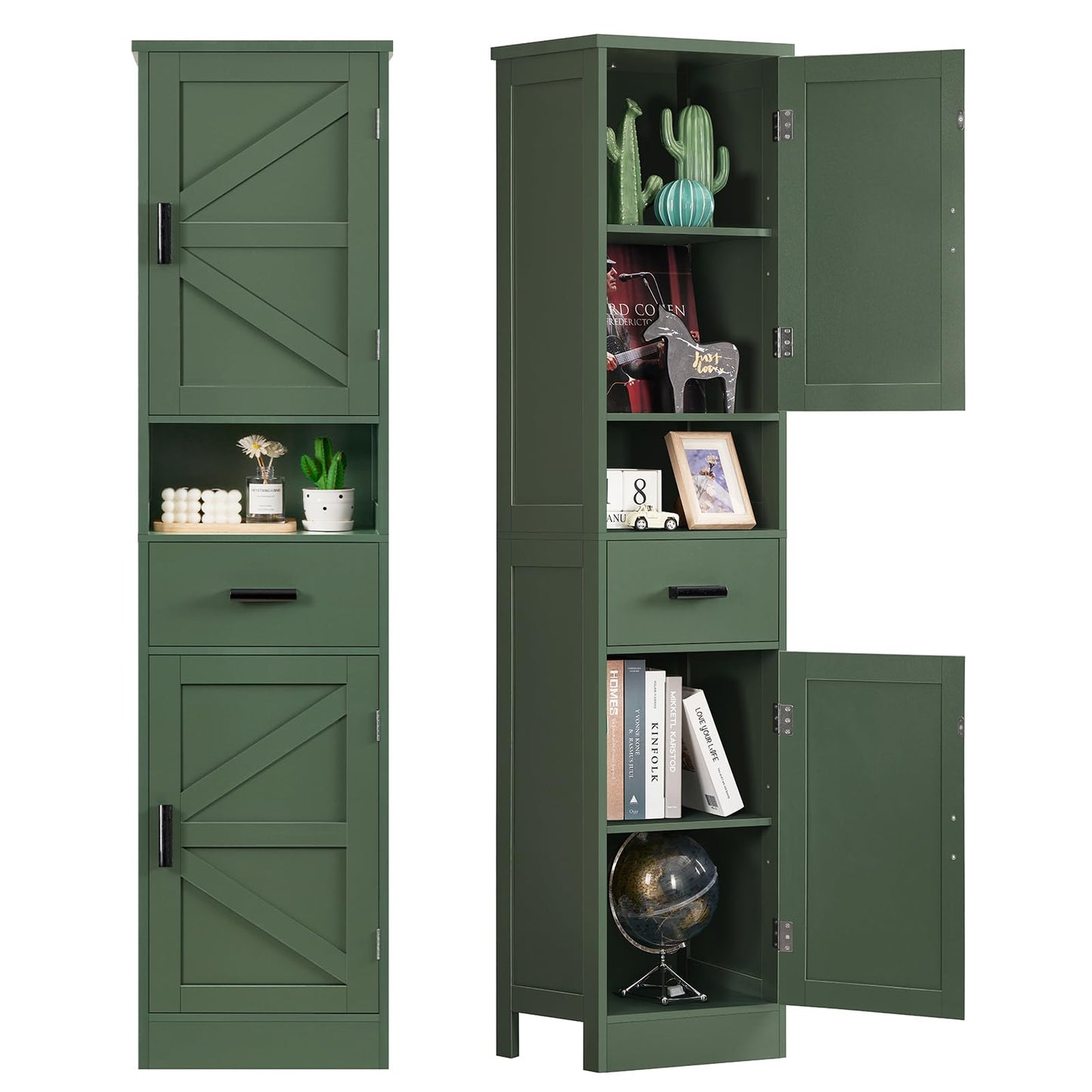 TEENFON 67" H Tall Bathroom Storage Cabinet with Barn Doors and Drawer, Narrow Bathroom Cabinet, Narrow Storage Unit, Adjustable Shelves, Floor Cabinets for Living Room, Forest Green