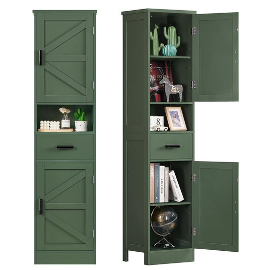 TEENFON 67" H Tall Bathroom Storage Cabinet with Barn Doors and Drawer, Narrow Bathroom Cabinet, Narrow Storage Unit, Adjustable Shelves, Floor Cabinets for Living Room, Forest Green