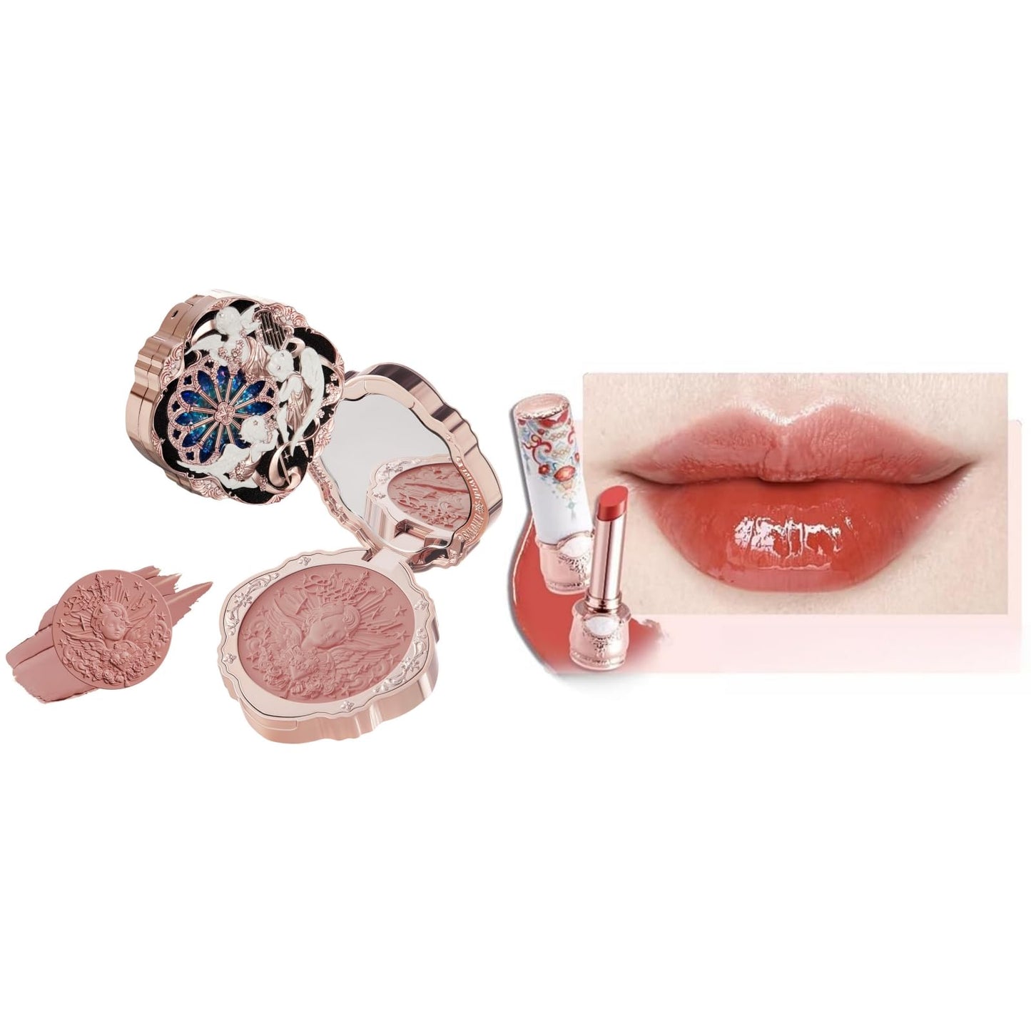 Flower Knows Little Angel Cream Blush and Butterfly Cloud Collar Glossy Lipstick Set,Buildable & Blendable Dewy Makeup,Soft Long-Lasting Cute Make Up(Blush 04 Rose Ashes + Lipstick C08 Sunset Clouds)