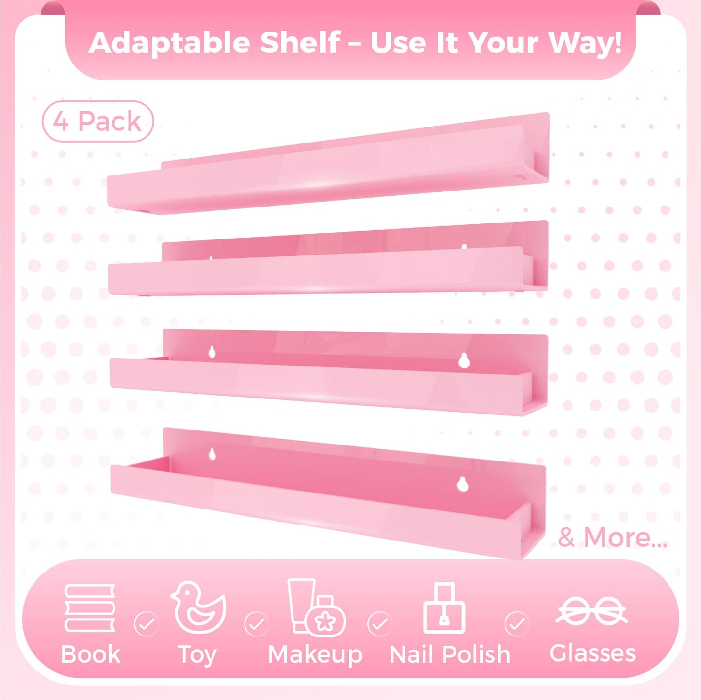 RORKIM 4 Pack 15 Inch Pink Acrylic Shelves, Kids Floating Bookshelf for Kids Room, Modern Nail Polish Rack Sunglasses Essential Oil Picture Ledge Display Toy Storage Wall Shelf