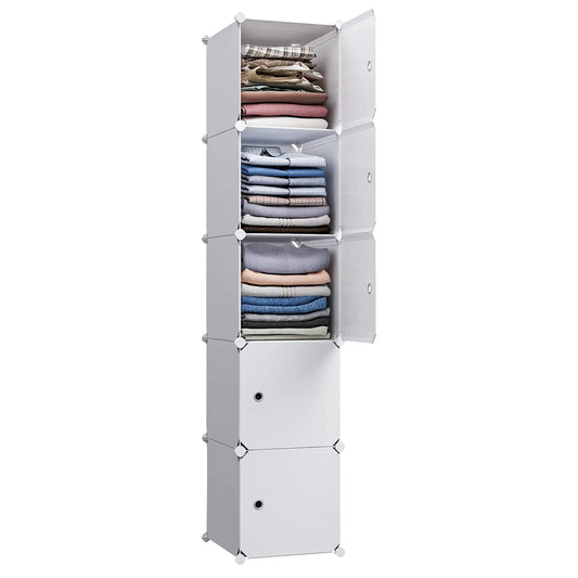 MAGINELS 5 Cube Storage Cabinet, Narrow Clothes Storage with Doors,Tall Plastic Standing Organizer Shelves for Small Spaces,Use to Closet,Bedroom,Livingroom,White(11.8x11.8inch)