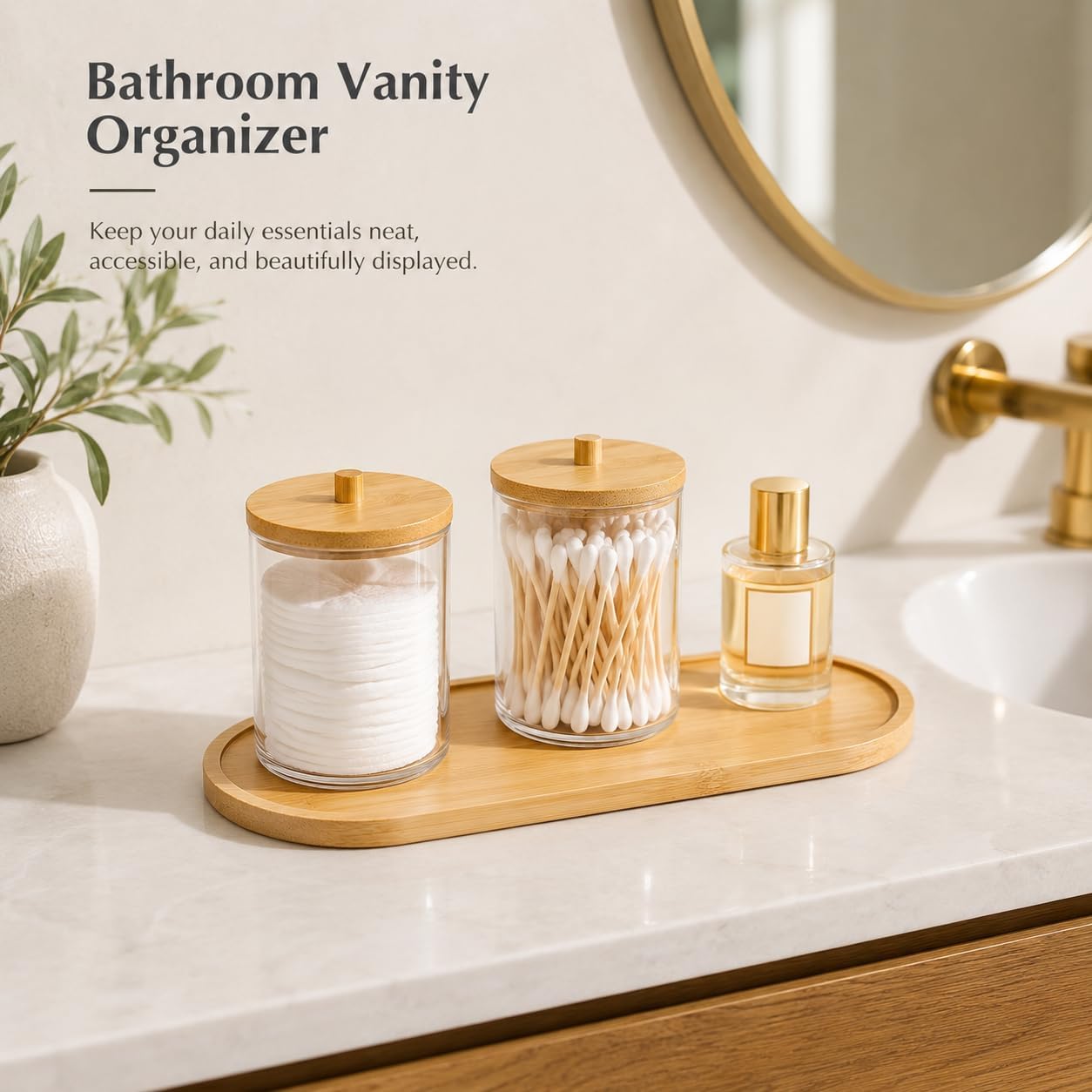 RVXHUA 3 PCS Bamboo Vanity Tray, 11 x 4 Inch Bamboo Serving Tray Set with Raised Rim, Small Wood Organizer Trays for Coffee, Snacks, Dessert, Bathroom Vanity, Kitchen Counter, Desk Decor - Oval