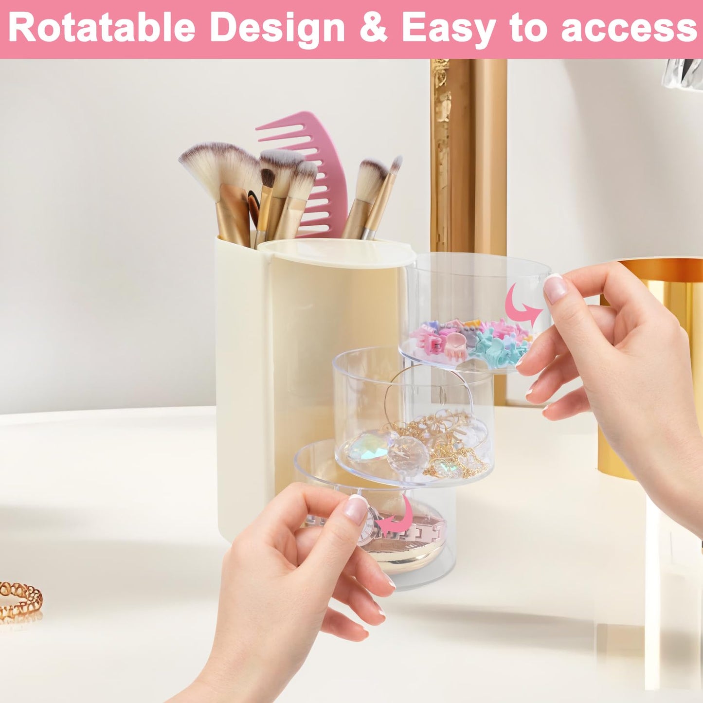 SHAIDOJIO 2Pack Hair Accessories Organizer with Hair Brushes Holder, 3-Tier Rotatable Drawer Makeup Brush Holder Small Jewelry Box with Sticker, Desktop Organizer Case for Girl Clip Earring Necklaces