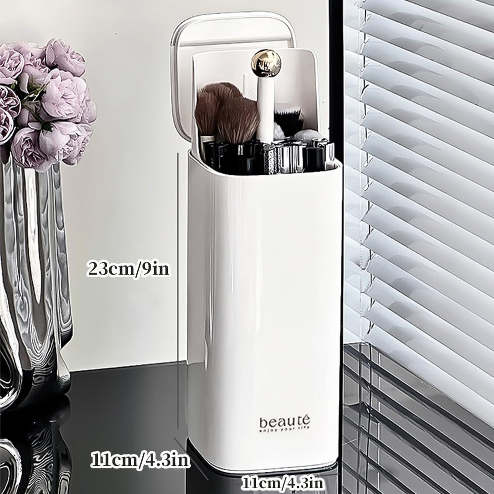 Esdallina Automatic Lifting Makeup Brush Holder with Lid Dustproof Cosmetic Organizers for Vanity-White