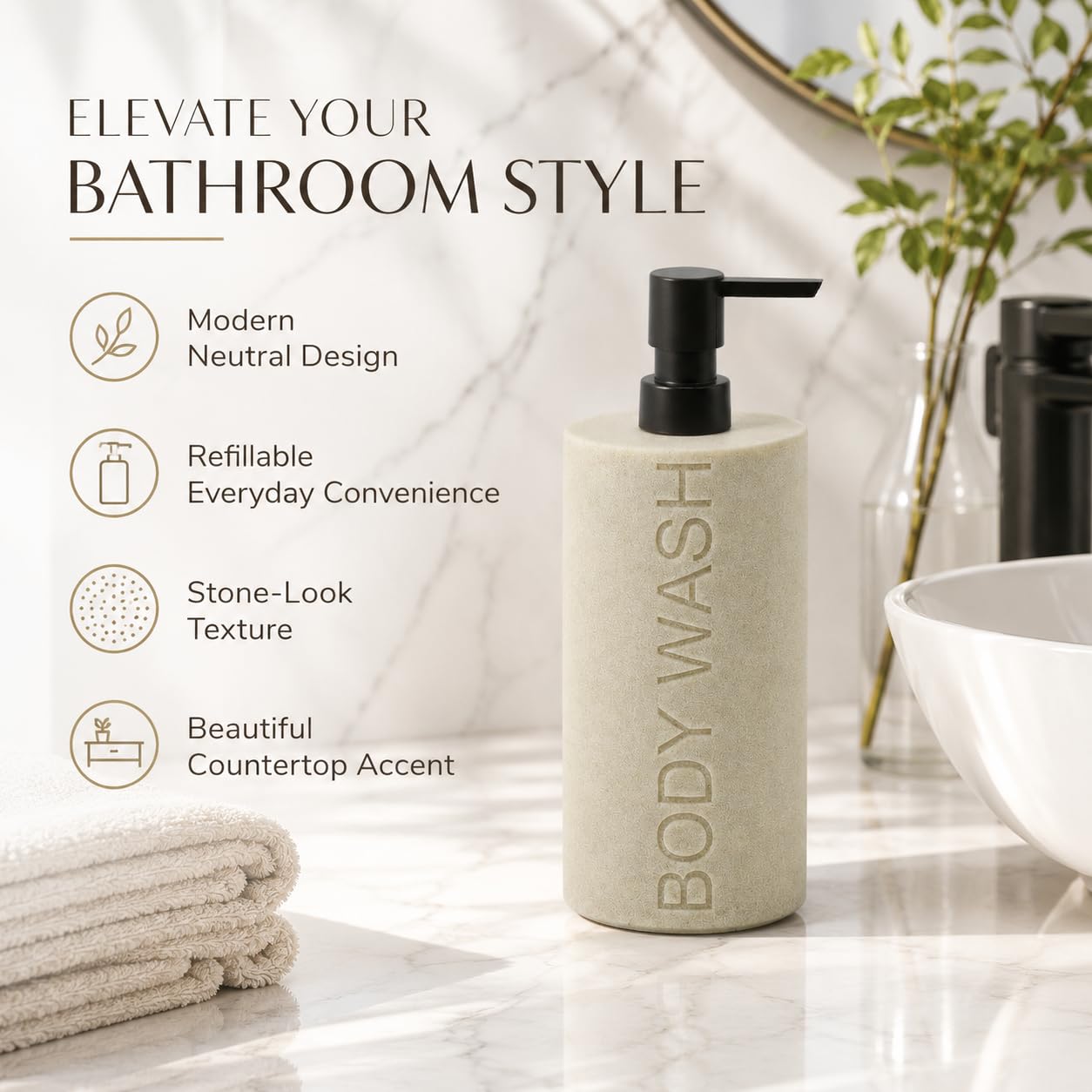 Indecor Home Resin Tan Sandstone Body Wash Engraved Bottle Refillable Pump Dispenser, Durable Waterproof Resin Construction for Bath, Shower - Tan Sandstone, ORB Pump