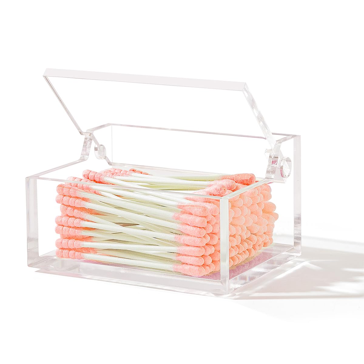 Dealpoli Clear Acrylic Qtip Holder with Lid, Cotton Balls Swab Organizer, 3.9" x 2.8" x 2" Dispenser for Makeup Pad, Floss Picks, Bath Salts, Cosmetic Storage Case, Home Bathroom Decor (DP051)
