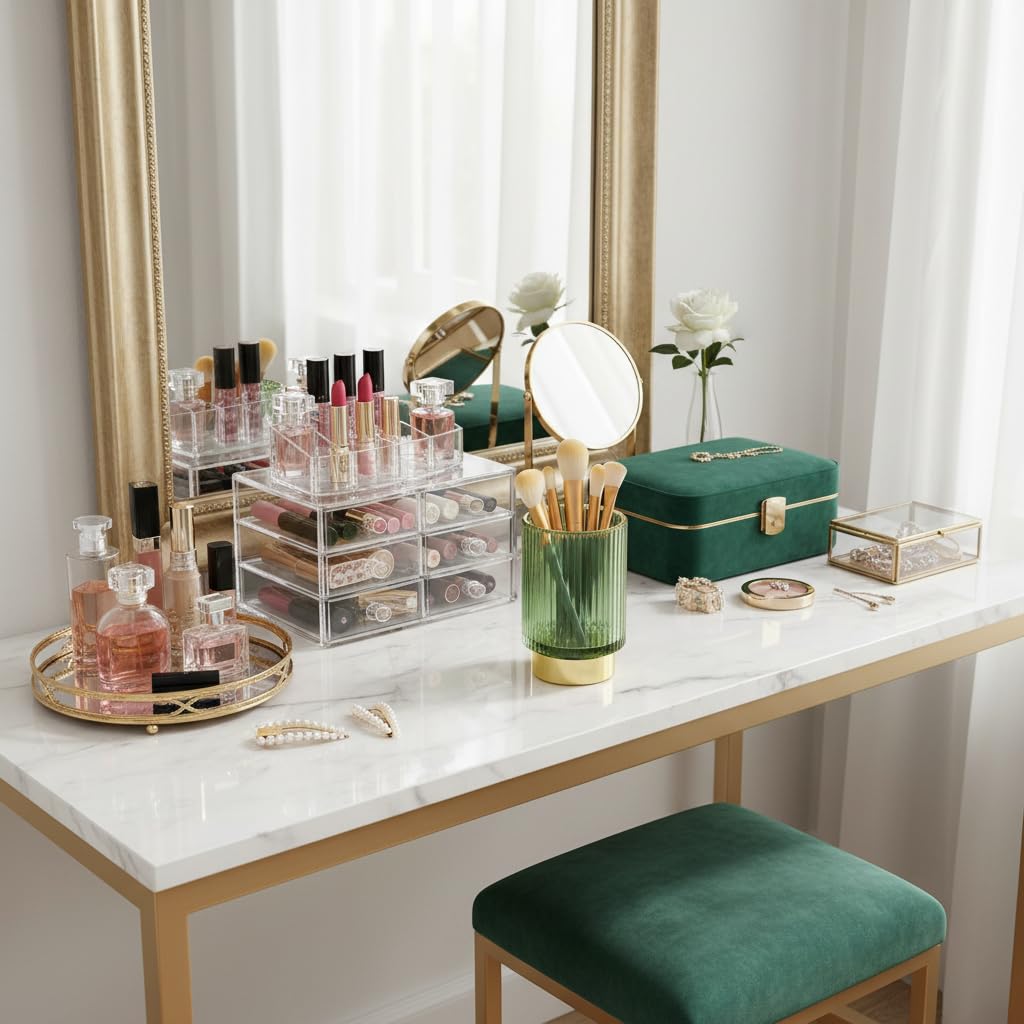 Fvstar Glass Makeup Brush Holder, Green Makeup Brush Holder for Vanity, Toothbrush Holders for Bathrooms, Desktop Makeup Organizer for Cosmetic, Brushes, Pen, Pencil