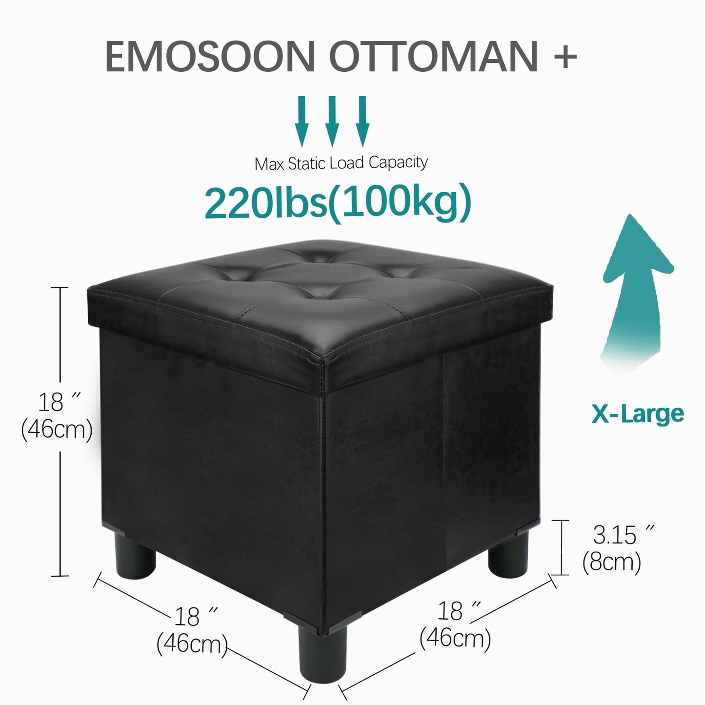 Emosoon 18 Inches Cube Storage Ottoman, Faux Leather Collapsible Square Folding Ottoman Furniture with Storage for Living Room Bedroom, Foot Rest Foot Stool with Legs, Black 18x18x18 Inches