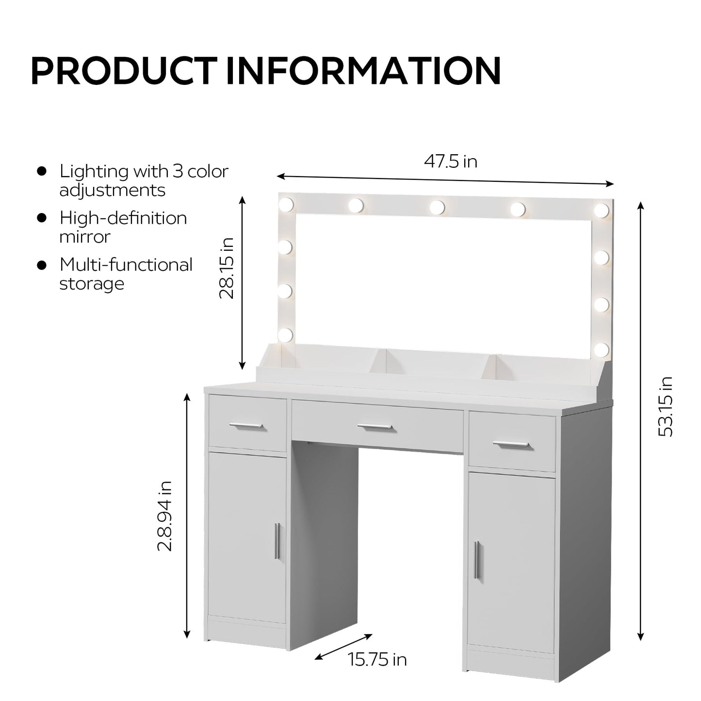 MIRROTOWEL 47.5” Vanity Desk with Large Mirror, 3 Colour Lighting Modes, Adjustable Brightness, Dresser with 3 Drawers & 2 Vertical Cabinets, Makeup Vanity Table for Women Girls