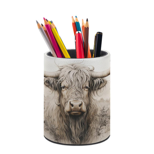 XUWU Highland Cow Pen Holder Pencil Organizer Cute Pencil Cup Desk Decor Makeup Brush Holder PU Multifunctional Office Suppliesfor Home Classroom School