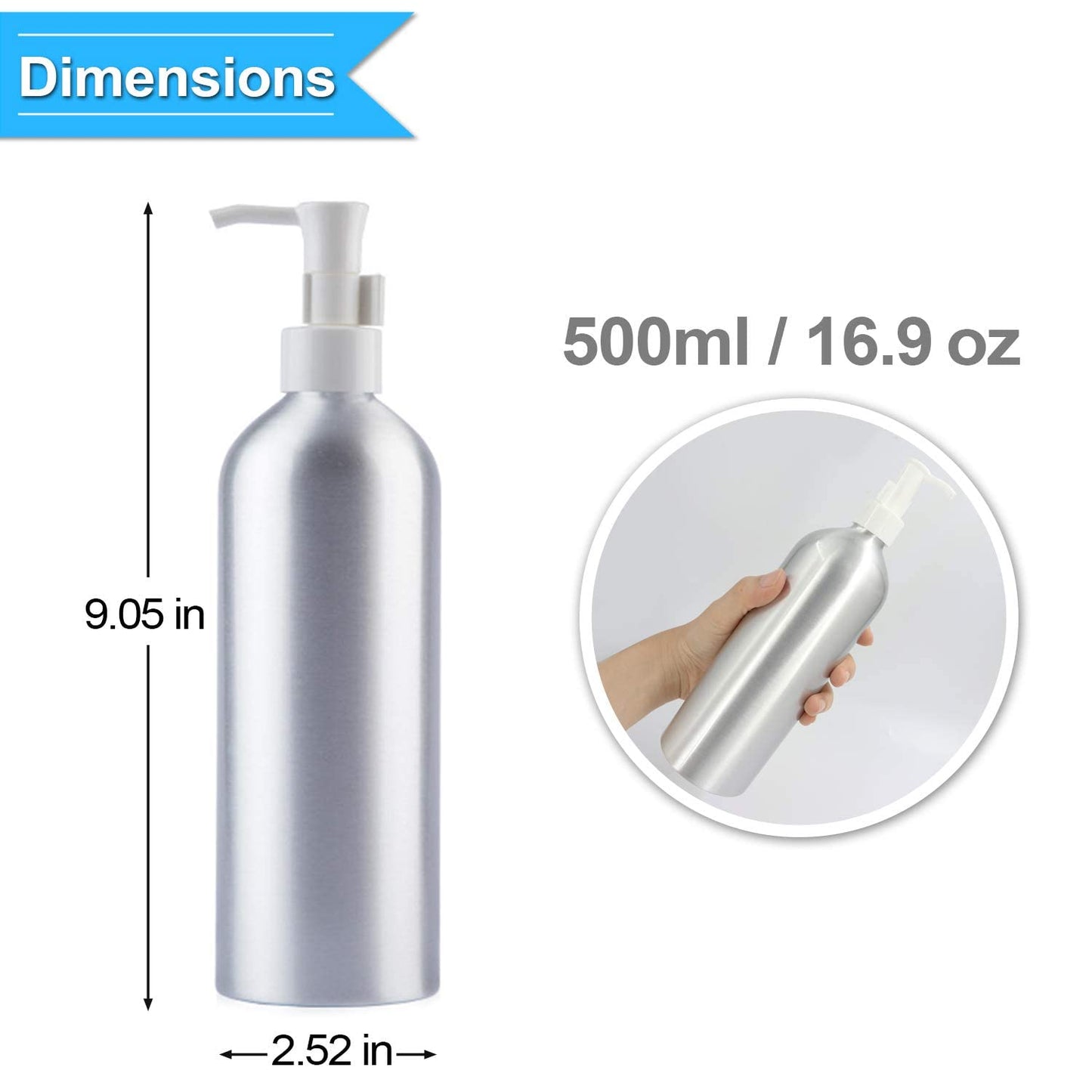 Pump Bottles Aluminum 500ml/16.9oz Metal Lotion Pump Bottle Refillable Soap Dispenser Shampoo Bottle with Lock for Hand Sanitizer Bath Gel Cream (2 Pack)