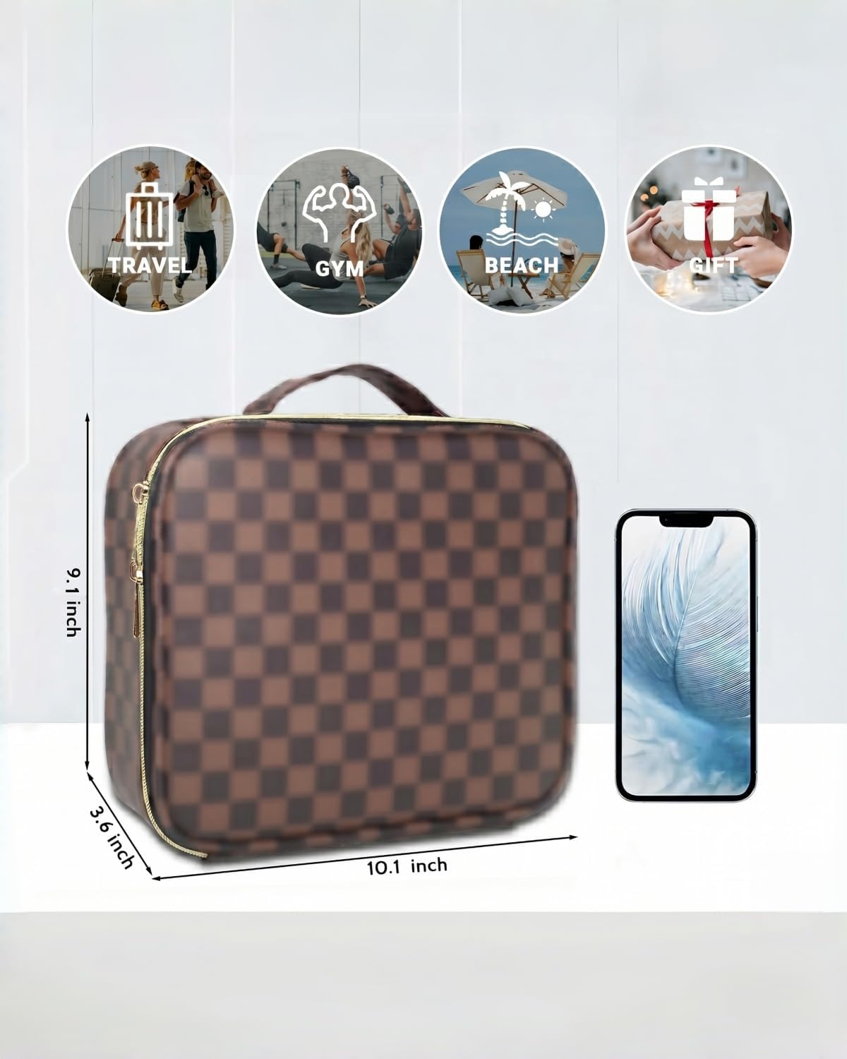 WIRIBEY Portable Makeup Bag with Brush Slots and Dividers - Checkered Toiletry Box for Standard Brushes & Palettes, Retro PU Leather Vanity Case with Gold Zipper for Dressing Table