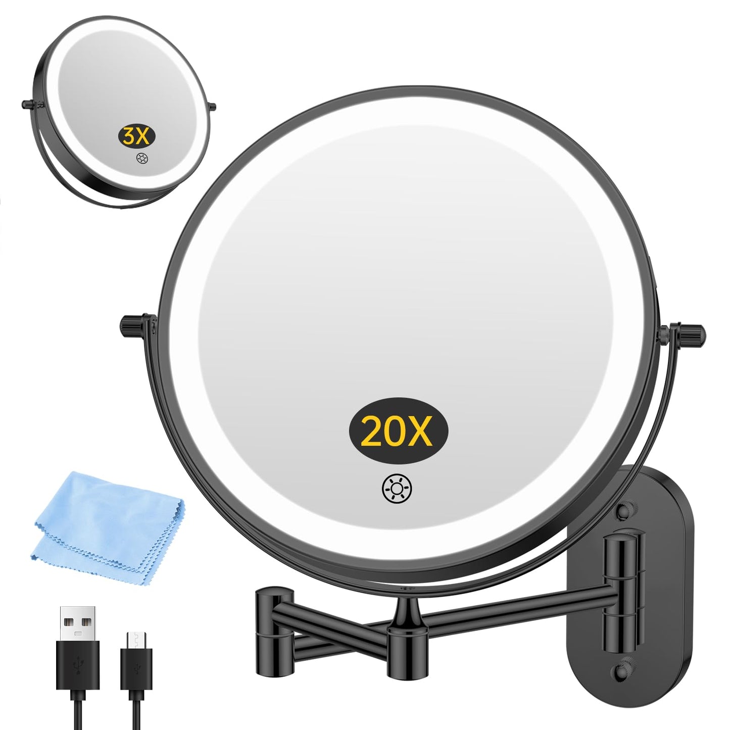 FUNTOUCH 20X/3X Rechargeable Wall Mounted Makeup Vanity Mirror with Lights, Double Sided Magnifying Wall Mount Mirror,3 Color Lighting, Touch Screen Dimming,Extension Arm 360 Rotation Wall Mirrors
