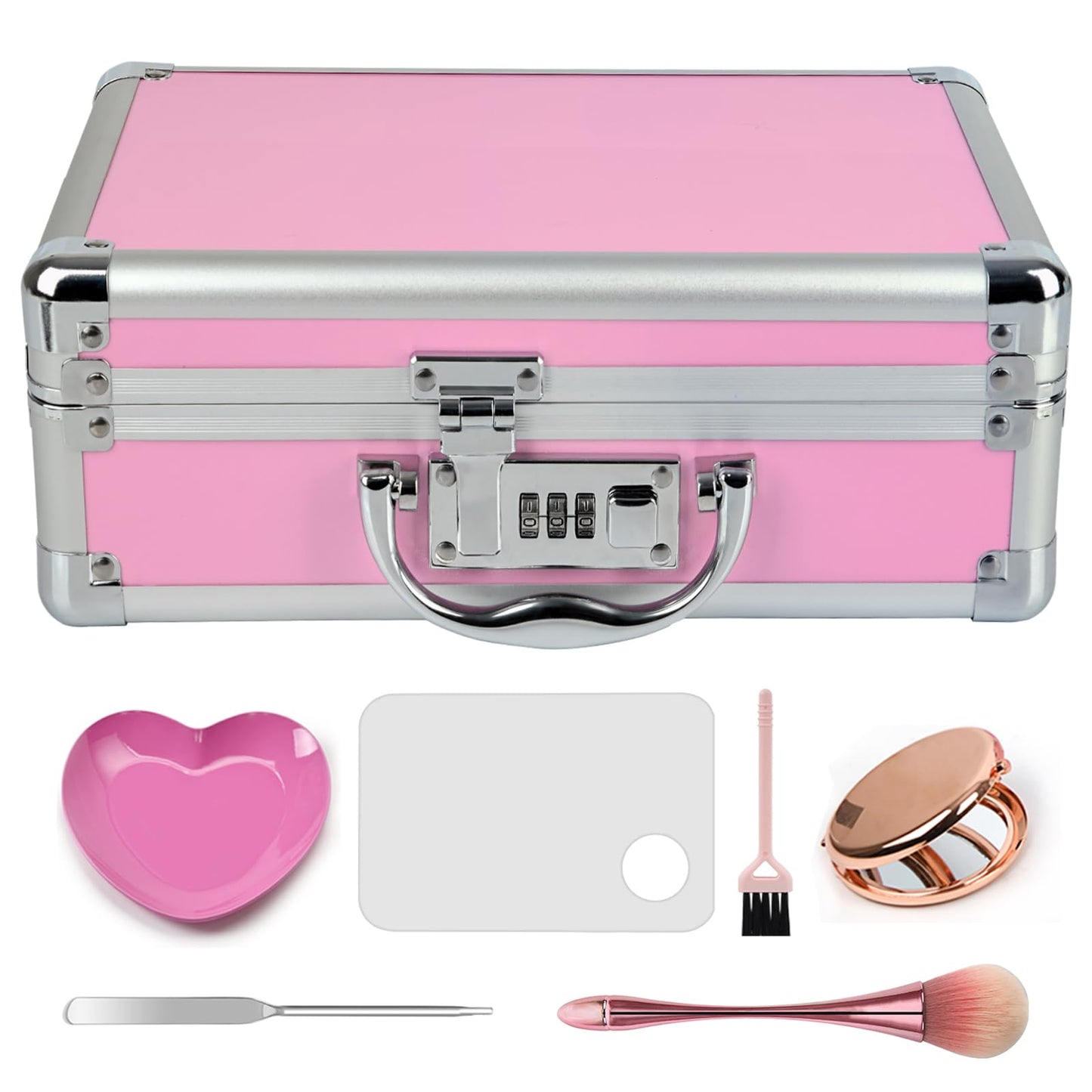 HUONIC Large Portable Cosmetic Box with 6 Accessories, Aluminum Makeup Storage Lock Case. 11.2 X 8 X 3.9 Inches, Great Gift for Women. (Pink)