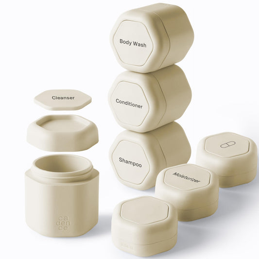 Cadence Travel Containers - Daily Routine Capsule Set - Magnetic Containers with Lids,4 Flex Mediums (1.32oz) & 3 Flex Smalls (0.56oz) - Shampoo, Conditioner, Body Wash, Pills, & More - Sand