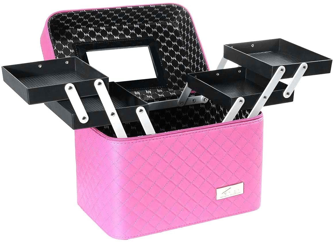 Sooyee Makeup Bag Cosmetic Bag with Mirror, 4 Layer Foldable Tray Makeup Organizer Open to the Sides, Makeup Travel Bag for Women, Train Case, Pink
