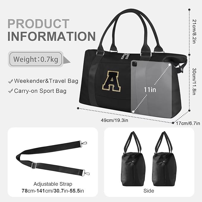 Dance Gym Duffel Bag for Teen Girls, Personalized Initial Travel Weekender Bag,Cute Overnight Carry On Duffle for Women,Sports Travel Cheer Bag,Monogram Christmas Gifts for Tween Preppy(black-A)