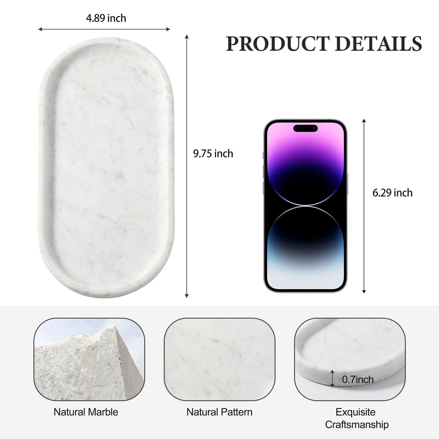 Koville Natural White Marble Tray for Home Decor, 10" x 5" Marble Vanity Tray for Bathroom Countertop Organizer Stone Trays, Catchall Tray for Perfume, Candles, Jewelry (Bianco Carrara)