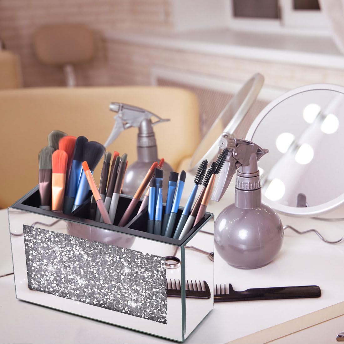 Amezey Crystal Crushed Diamond Silver Makeup Brush Holder Organizer, 3 Slot Mirrored Cosmetics Brushes Storage Case, Cute Pen and Pencil Glass Holder, Eyeliners Display Case