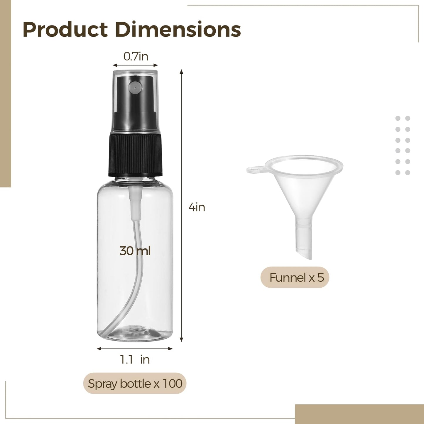 OMISTAR 100 PCS 1 oz Spray Bottles with 5 Funnels for Travel - Refillable Plastic Perfume and Liquid Dispensers, Adjustable Mini Small Spray Bottles Ideal for Fragrance, Water, and Cosmetic Use
