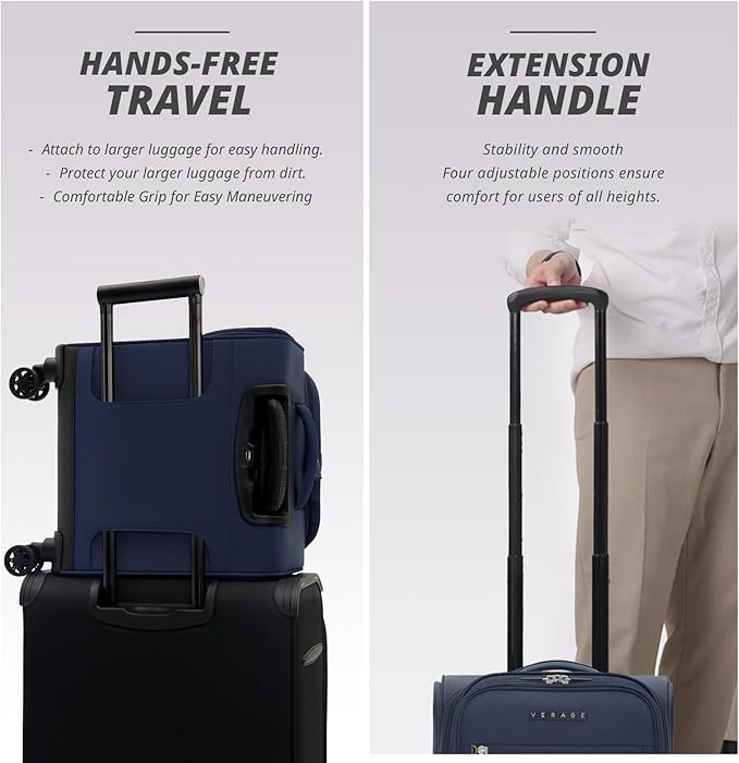 Verage Under Seat Luggage with Wheels, Softside Small Suitcase Spinner Carry On Luggage Bags for Airlines Airplanes Short Trip Men Women (Navy, 14.5-Inch Plus Underseat)