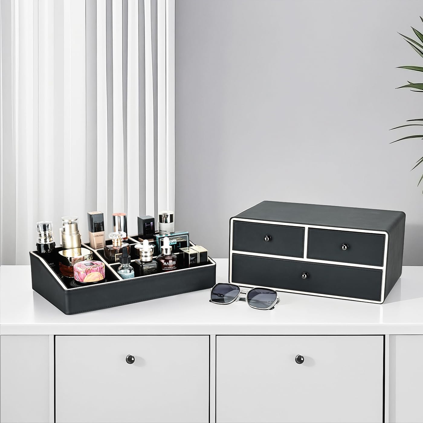 KINGFOM 2 Tier PU Leather Makeup Organizer with 3 Drawers, Cosmetic Storage Organizers for vanity Dresser Countertop and Bathroom Vanity, Beauty Holder for Lipstick Brush Skincare (Black)