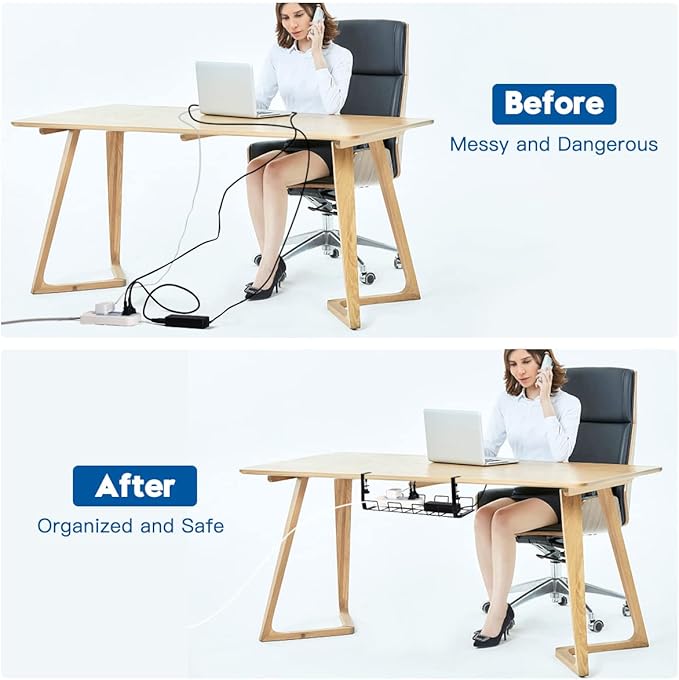 No Drill Under Desk Cable/Wire Management Tray, 2 Pack Sturdy Alloy Steel Wire Organizer Under Desk Basket for Office and Home Standing Desk