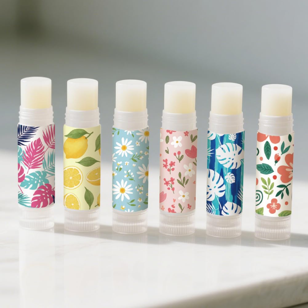 Peacoblue 160Pcs Lip Balm Labels Sticker for Tubes 2.1"x1.7" Solid Floral Fruit Pattern, 8 Styles Waterproof Chapstick Labels Glossy for Homemade Lip Balm Container Wedding Party Holiday Gifts
