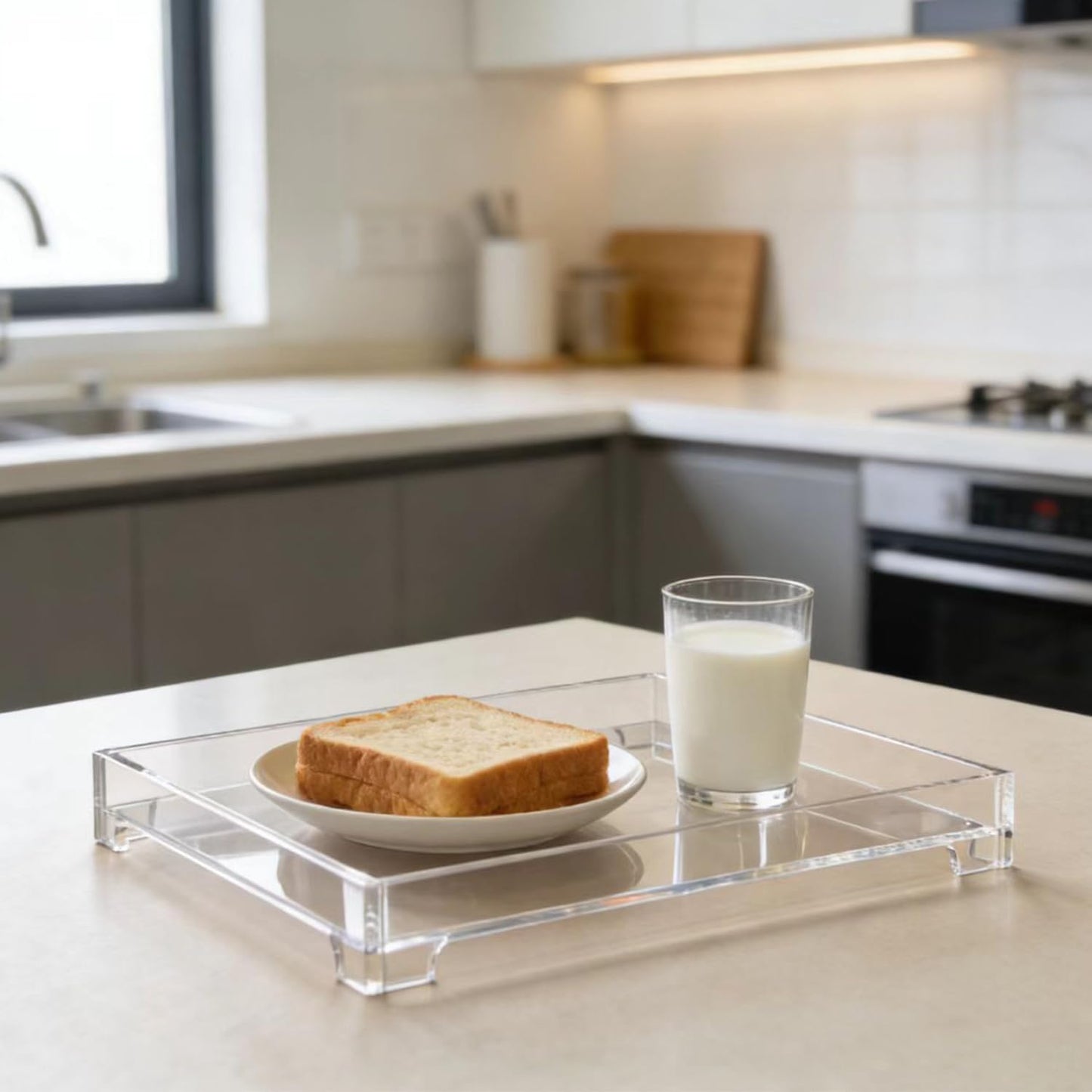 Sturdy 16.5" Acrylic Serving Tray with Handles - Ottoman Coffee Table Organizer for Food, Tea, Snacks, Vanity & Kitchen Countertop - Multi-Use for Bathroom, Living Room, Bar Parties