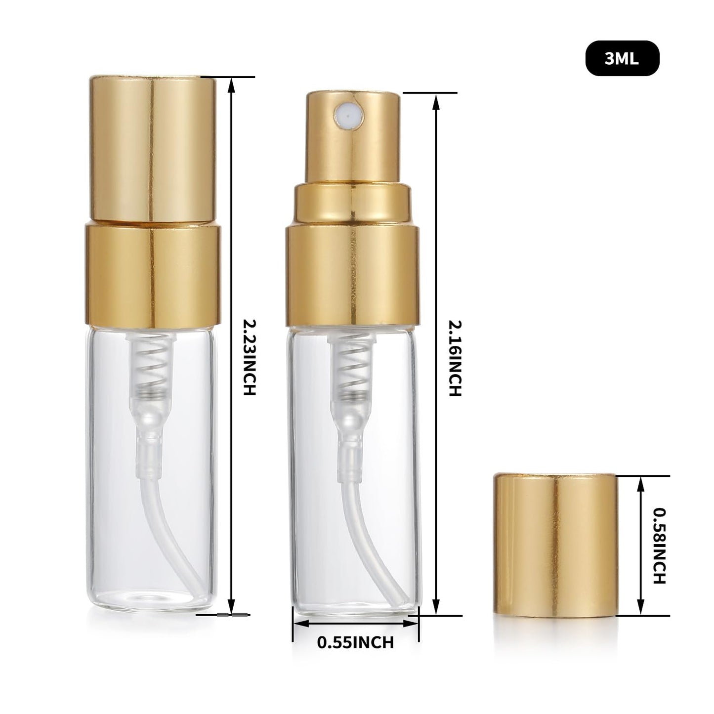 Jxcmeng 20Pcs 3ml Empty Clear Glass Mist Spray Bottle Refillable Mini Perfume Atomizer Travel Sample Bottle with Golden Aluminized Nozzle Makeup Container for Perfume (3ml Gold Caps)
