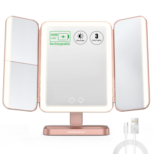 EASEHOLD Rechargeable Lighted Makeup Mirror, 3-Sided LED Vanity Mirror, 116 LEDs, 5000mAh, No Shadow Lighting, 2X/3X/Magnification, 3 Color Modes, Large Trifold Mirror for Makeup Desk, Gifts for Women