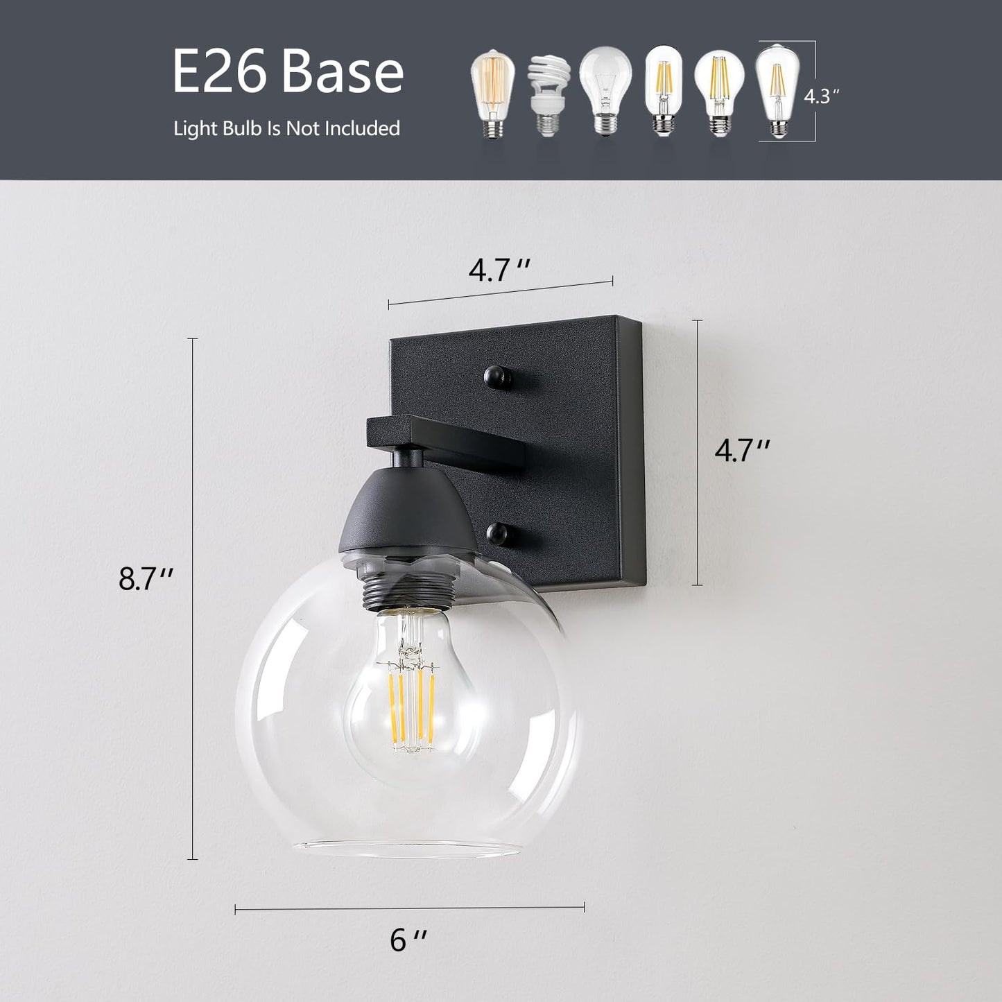 Ruibutrade Bathroom Light Fixtures, 1-Light Matte Black Vanity Light with Hand-Blown Globe Glass Shade, High Clarity & Durable, Wall Sconce for Mirror, Kitchen, Bedroom, Hallway