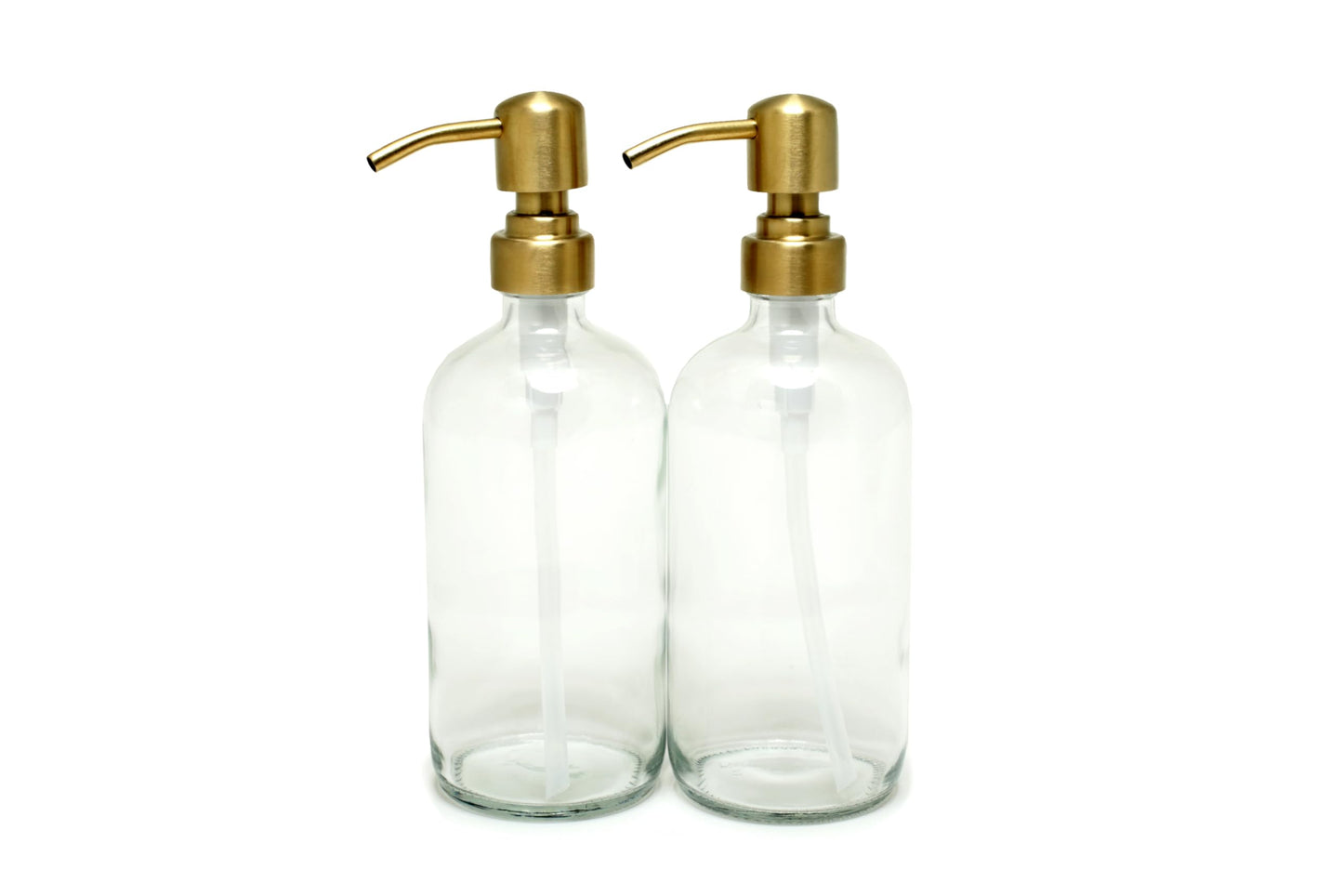 Vivaplex, 2, Large, 16 oz, Empty, Clear Glass Bottles with Stainless Steel, Yellow Gold, Lotion Pumps