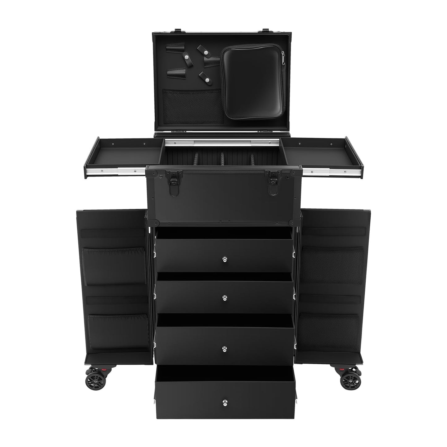 banborba Professional Rolling Makeup Case 4 Drawers Pro Makeup Artist Cosmetic Train Case Hairstylist Travel Case Portable Make Up Station with Multiple Compartments & 6 Swivel Wheels - Black