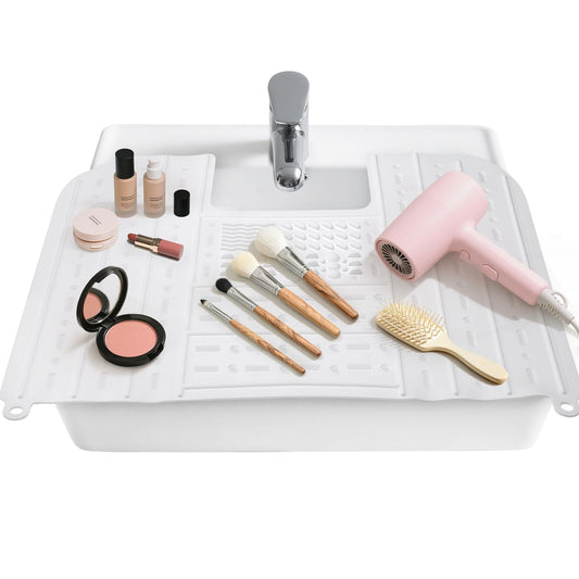 Johamoo Bathroom Sink Cover for Counter Space, Foldable Silicone Makeup Mat with Steel Frame Core for Hot Tools & Studio Hair Styling, Brush Cleaning Surface Beauty Gift for Women & Dorm, White